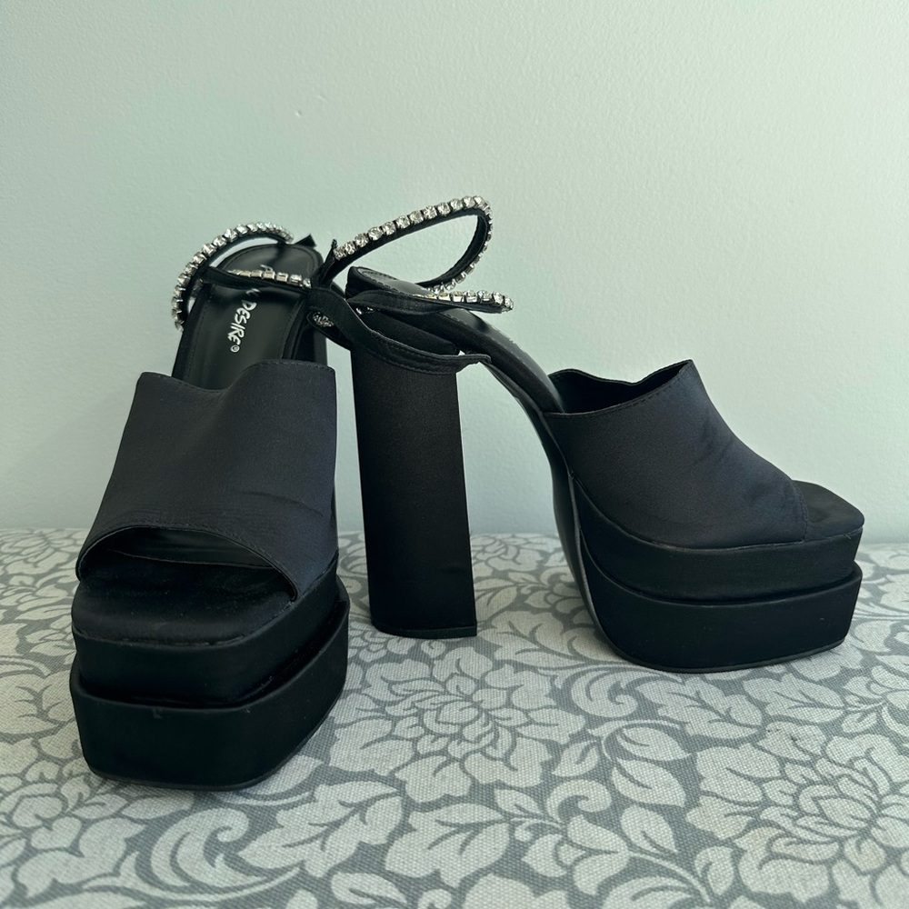 Public Desire Black Platform Heels in Satin